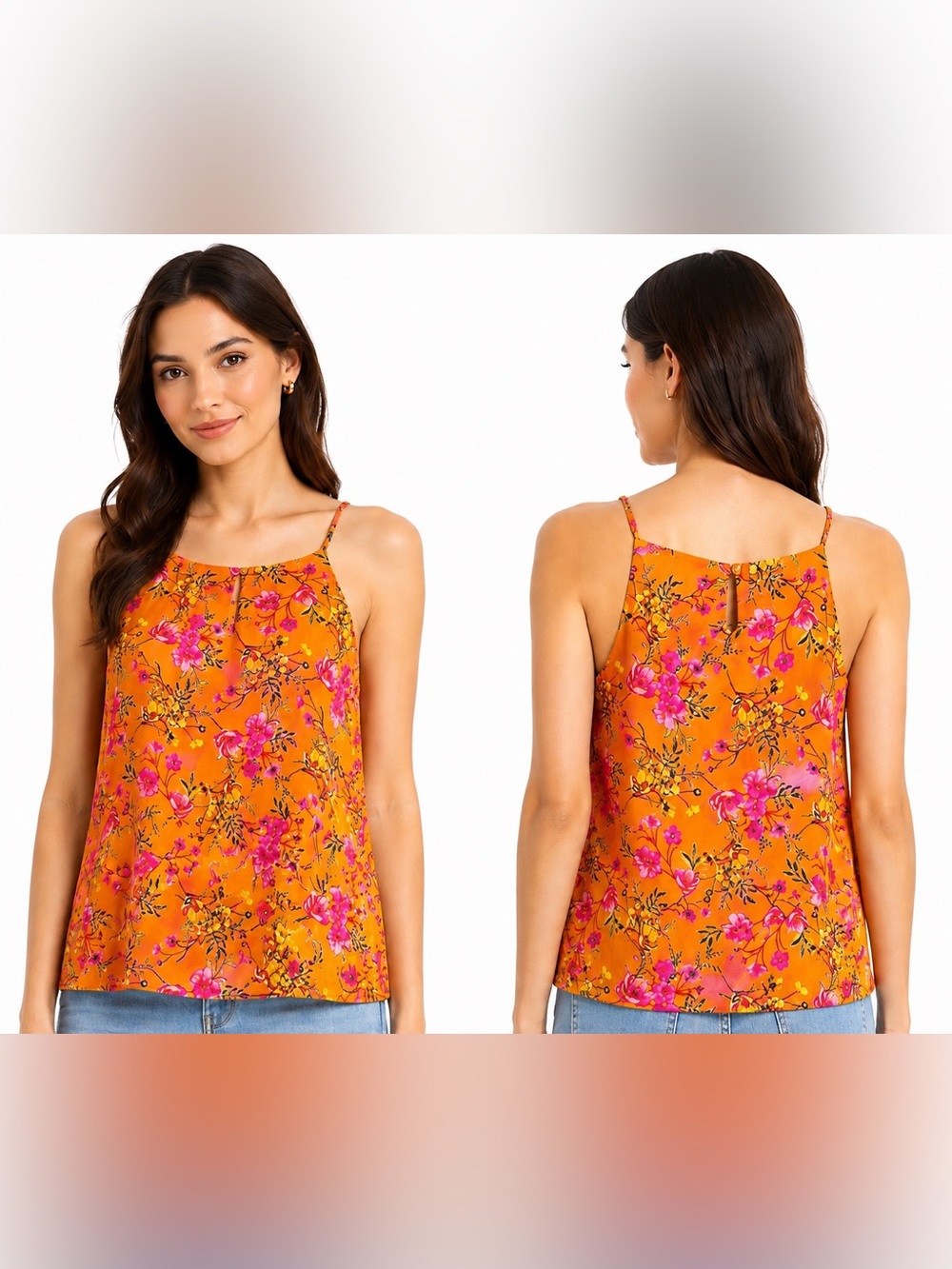 Violet + Claire Floral Sleeveless High Neck Tank Top Orange Pink